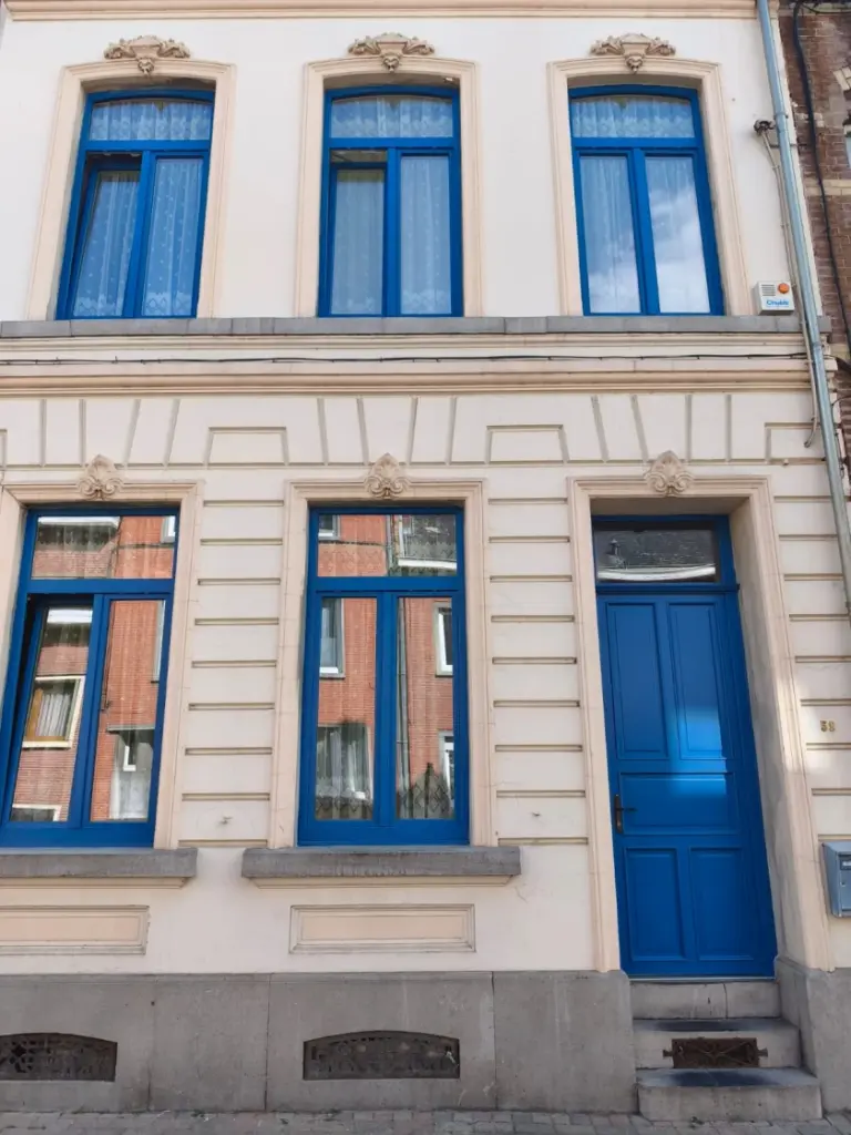 Châssis et porte d'entrée bleu à Namur - mix PVC & Aluminium